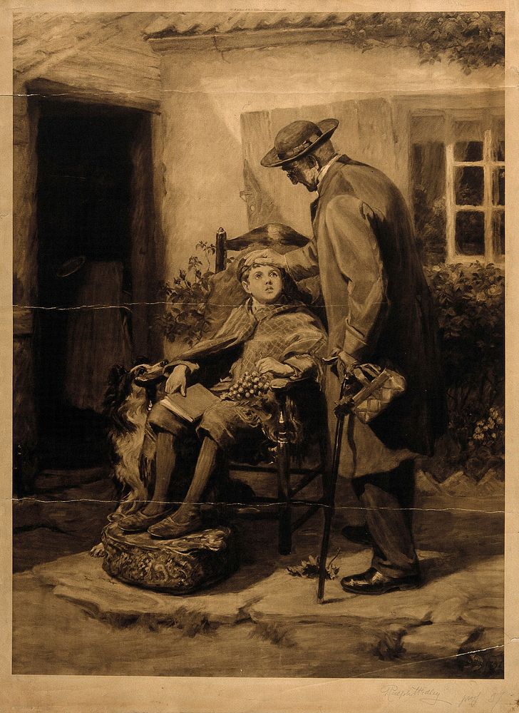 A doctor placing his hand on the head of a sick boy, outside a country cottage. Photogravure after R. Hedley, 1898.