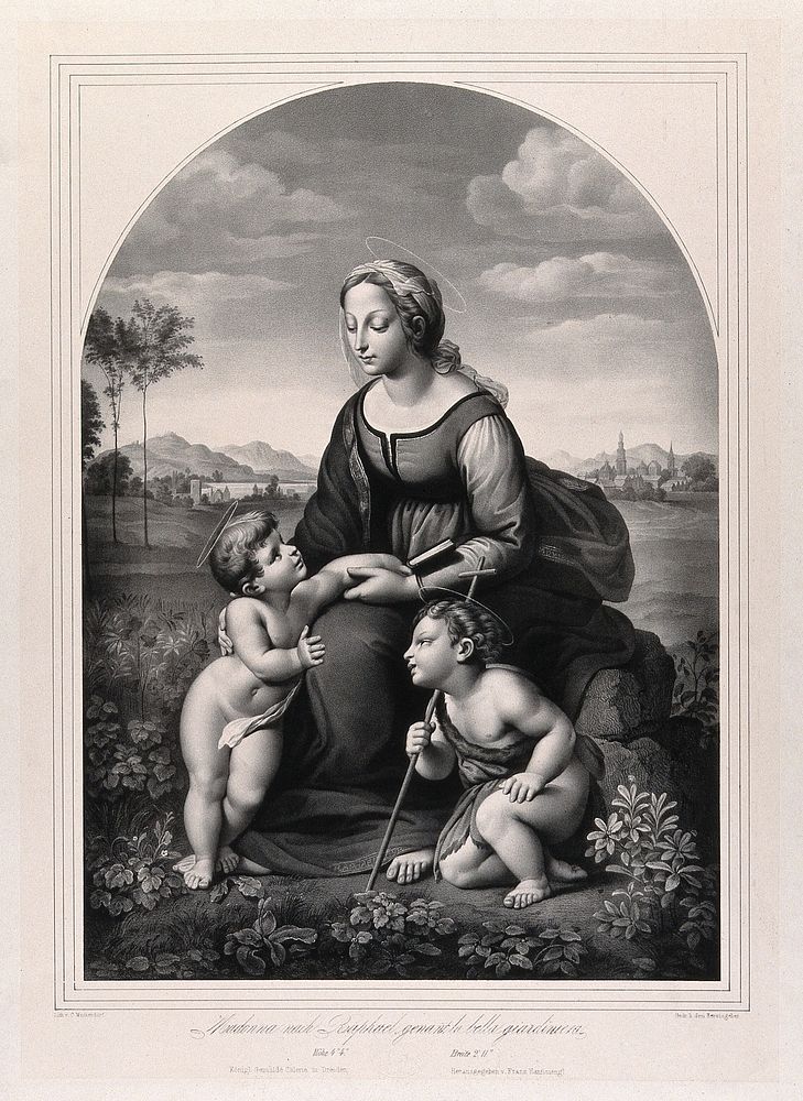 Saint Mary (the Blessed Virgin) with the Christ Child and Saint John the Baptist. Lithograph by G. Markendorf after Raphael.