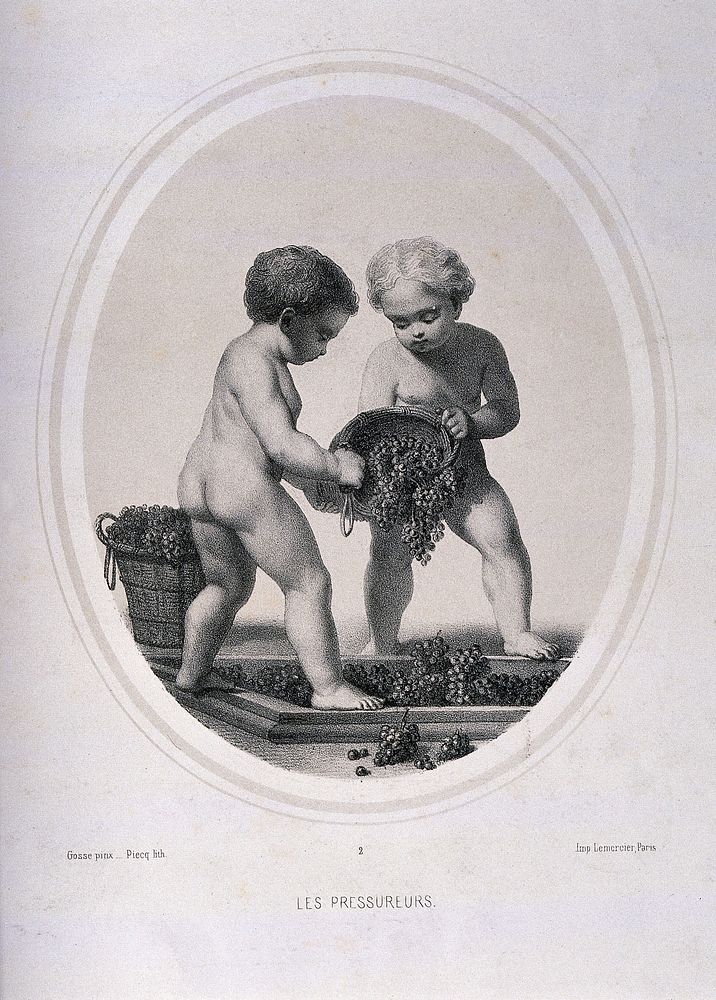 Two naked children pressing grapes. Lithograph by Piecq, c. 1845, after Gosse.