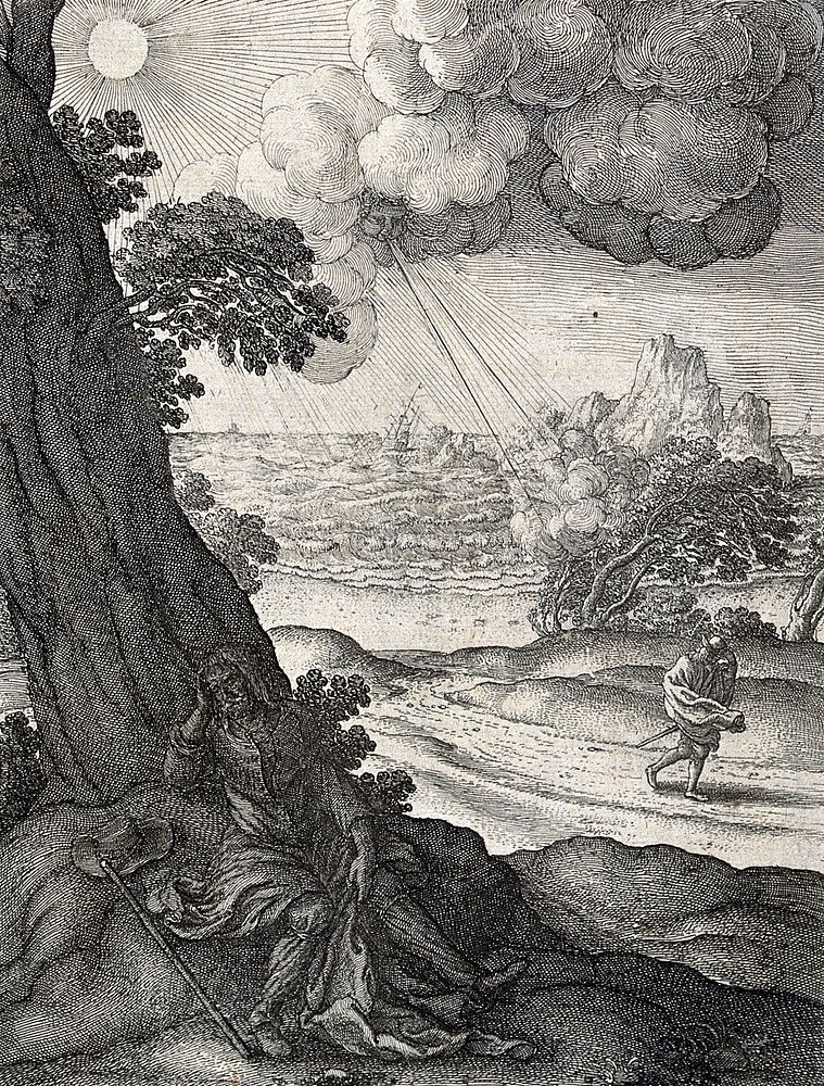 A traveller is sitting in the shade of a tree with his cloak off and he is shown in the background buffetted by the wind…