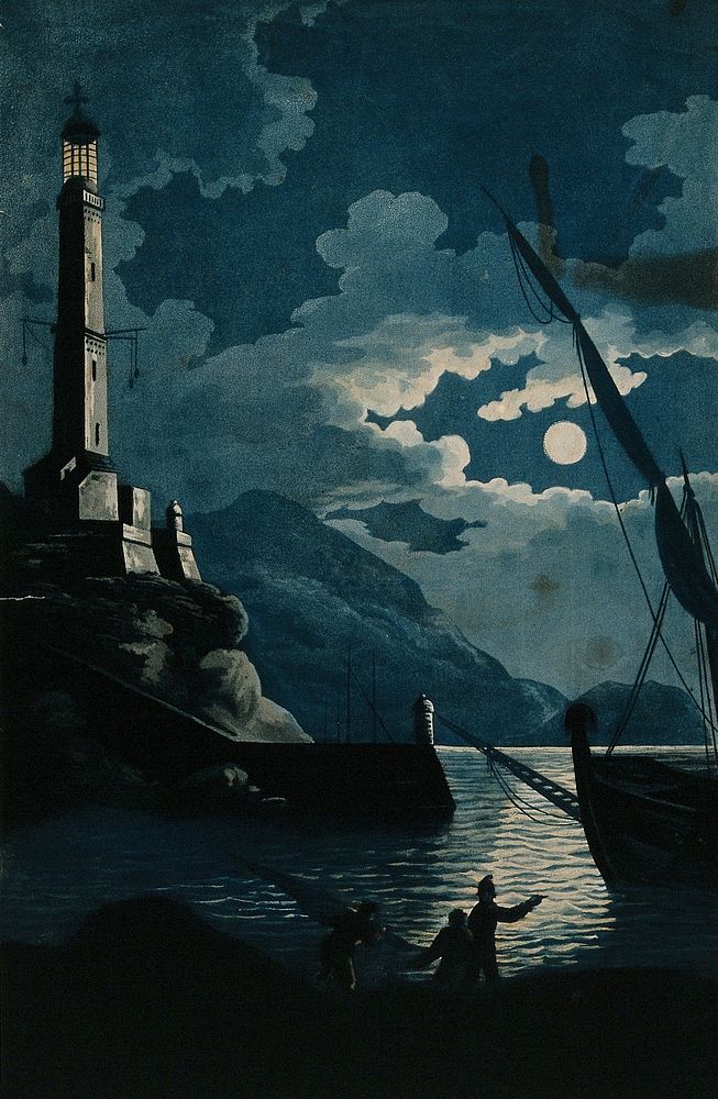 The lighthouse of Genoa at night; a ship and three men in the foreground. Aquatint by H. Merke after Serres, 16 March 1800.