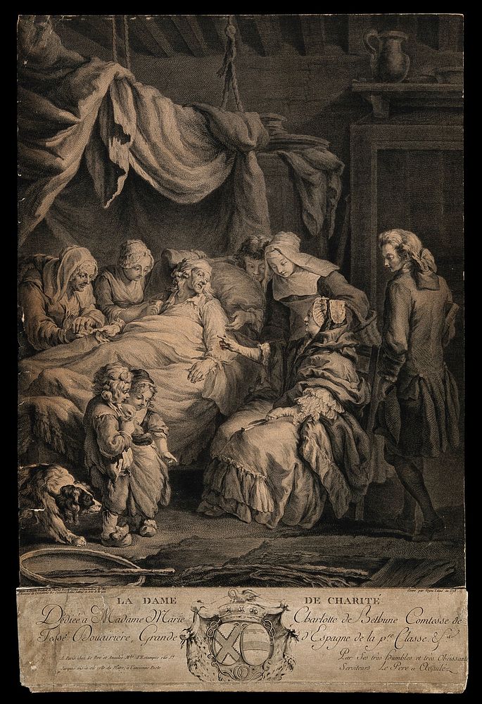 A charitable lady visiting a sick man and his family: with a crest. Line engraving by N.J. Voyez, 1773, after C.D.J. Eisen.