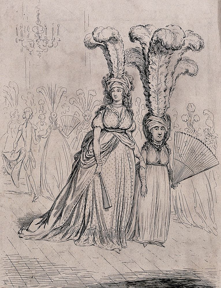 A tall woman wears short feathers in her headdress and a short woman wears tall feathers in hers. Etching by James Gillray…