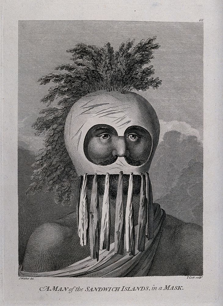 A man from the Hawaiian Islands wearing a mask; encountered by Captain Cook on his third voyage (1777-1780). Engraving by T.…