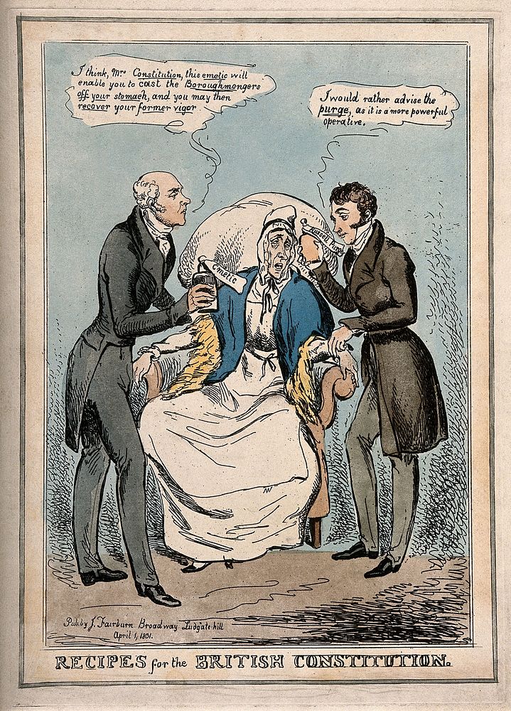 A sick old woman seated between two doctors each prescribing different medication; representing Wellington's and Russell's…