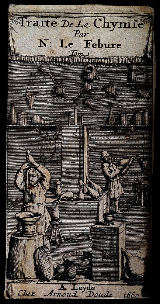 Two workers in an alchemist's laboratory, surrounded by chemical receptacles and equipment. Engraving, 1669.