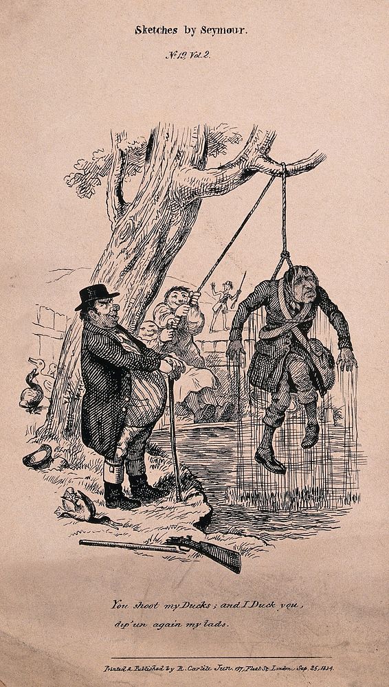 A poacher is ducked in a pond by a landowner as a punishment for shooting ducks. Lithograph after R. Seymour.