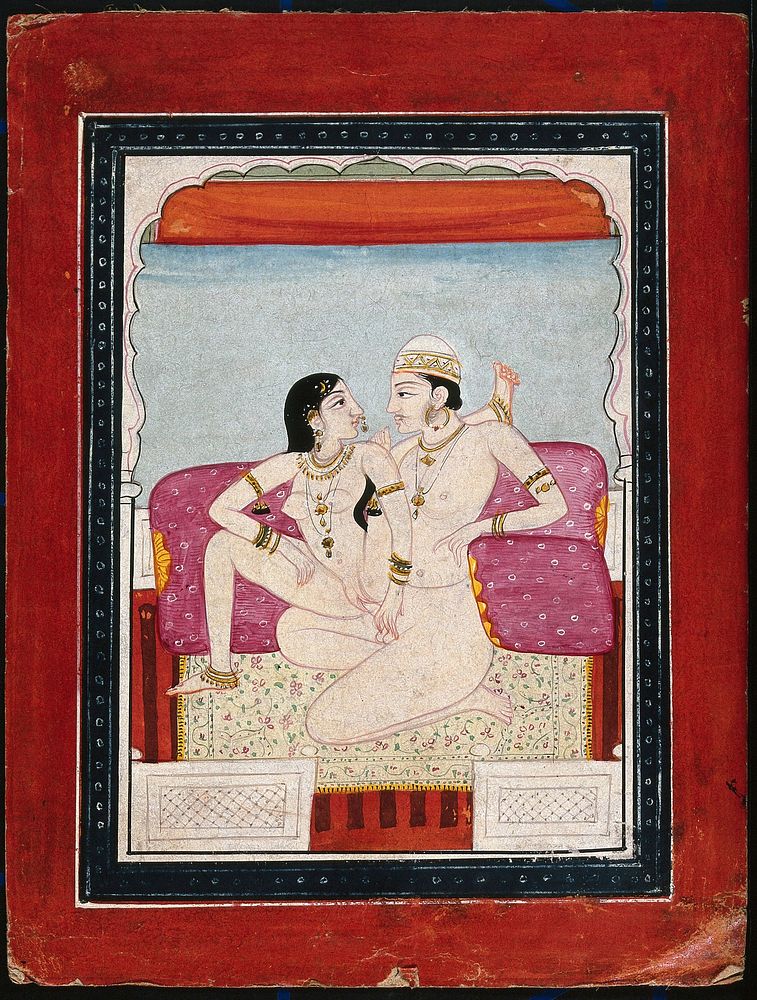 A couple engaged in sexual intercourse. Gouache painting by an Indian painter.