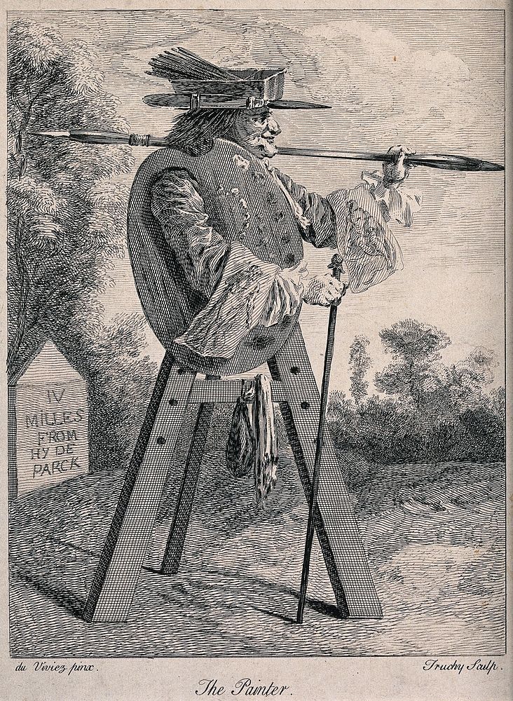 An artist's easel with the figure of a man holding a large paint brush. Etching by Truchy after du Viviez.