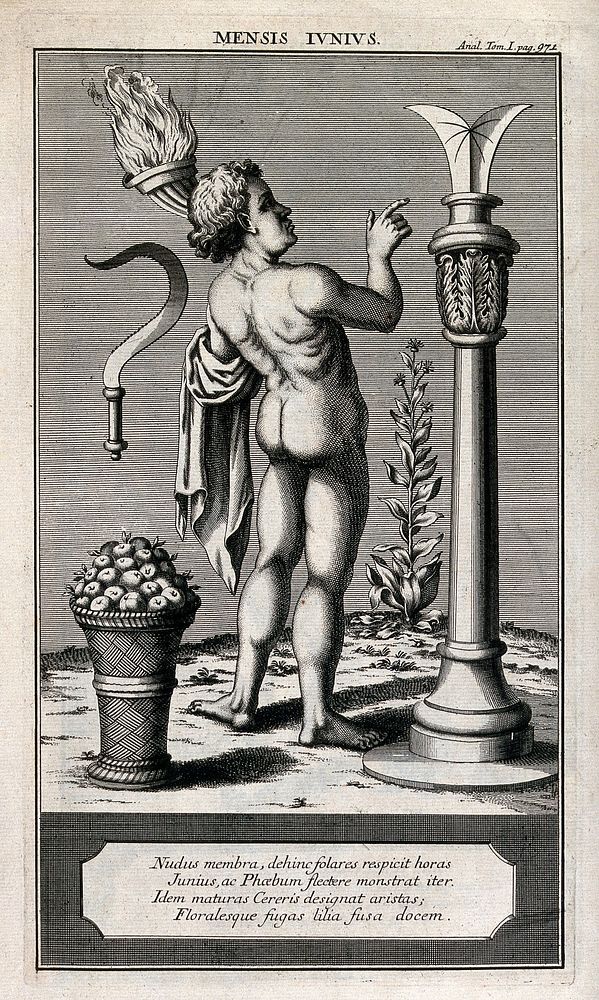 A naked man is standing in front of a sundial holding a torch, he is surrounded by a sickle, a lily and a basket of apples;…