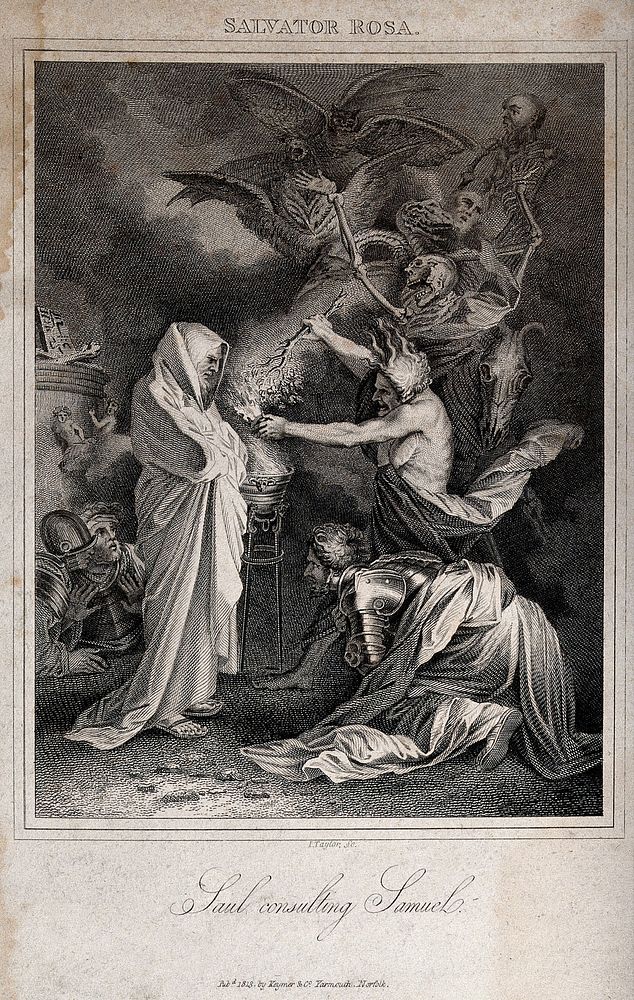 Saul consults Samuel after the witch of Endor has conjured him from the dead; demons crowd the background. Engraving by J.…