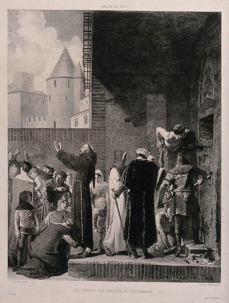 Rescue of the immured in Carcassone, France. Etching by L. Flameng after J.P. Laurens.