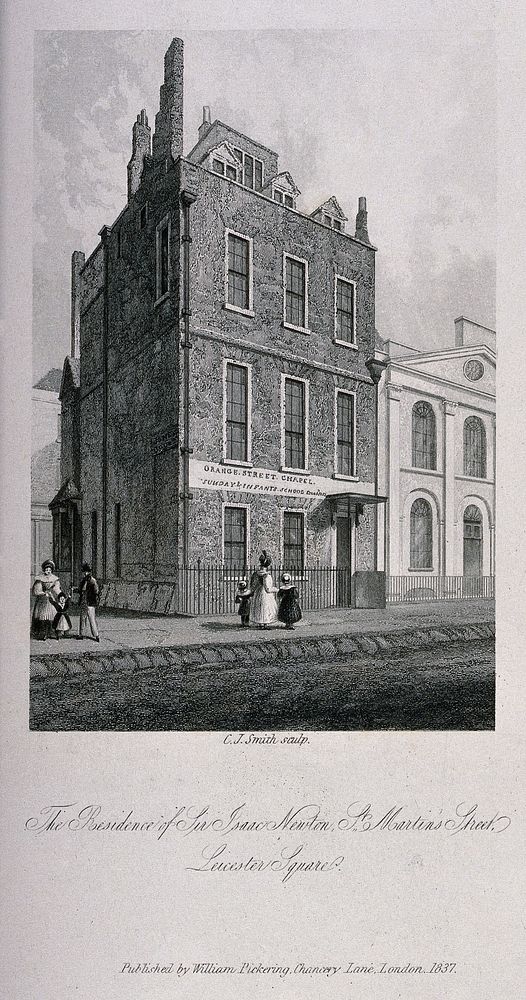 The residence of Sir Isaac Newton on the corner of Orange Street and St. Martin's Street, London. Engraving by C.J. Smith…