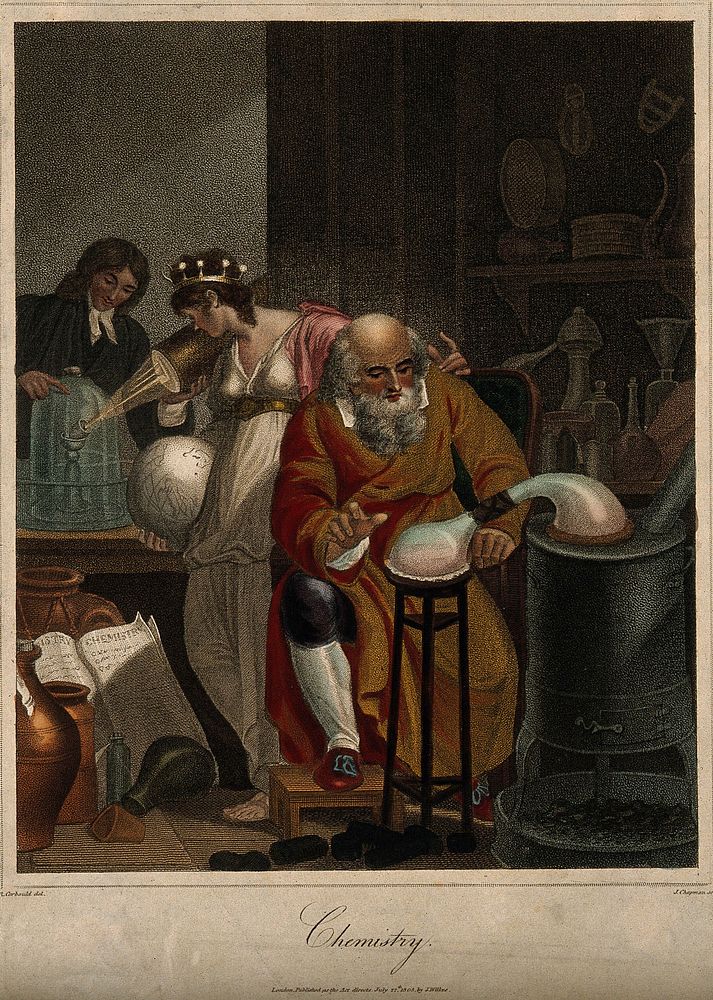 A man conducts an alchemical experiment with an alembic, in the foreground, in the background a female figure representing…