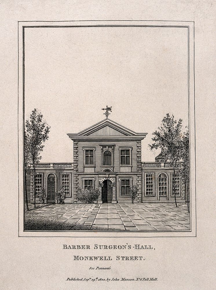 Barber-Surgeon's Hall, Monkwell Street, London: the facade. Engraving.