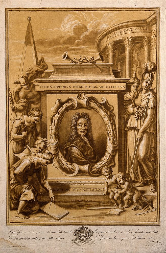 Sir Christopher Wren. Chiaroscuro woodcut by E. Kirkall after H. Cooke after J. Closterman, 1695.