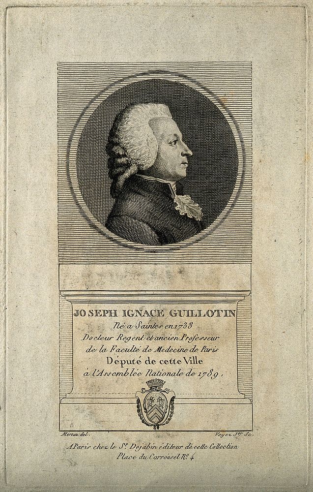 Joseph Ignace Guillotin. Line engraving by Voyez, junior after J . M. Moreau, 1785 [].