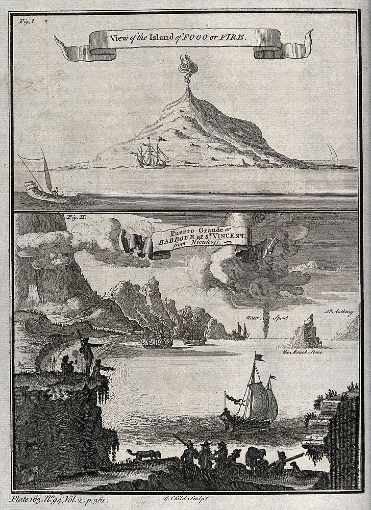 Cape Verde Islands: above, the volcanic island Fogo; below, the harbour of St Vincent (Porto Grande). Etching by G. Child.
