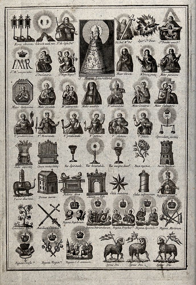 A table of Christian signs, symbols and images; top centre the Virgin of Loreto. Etching.
