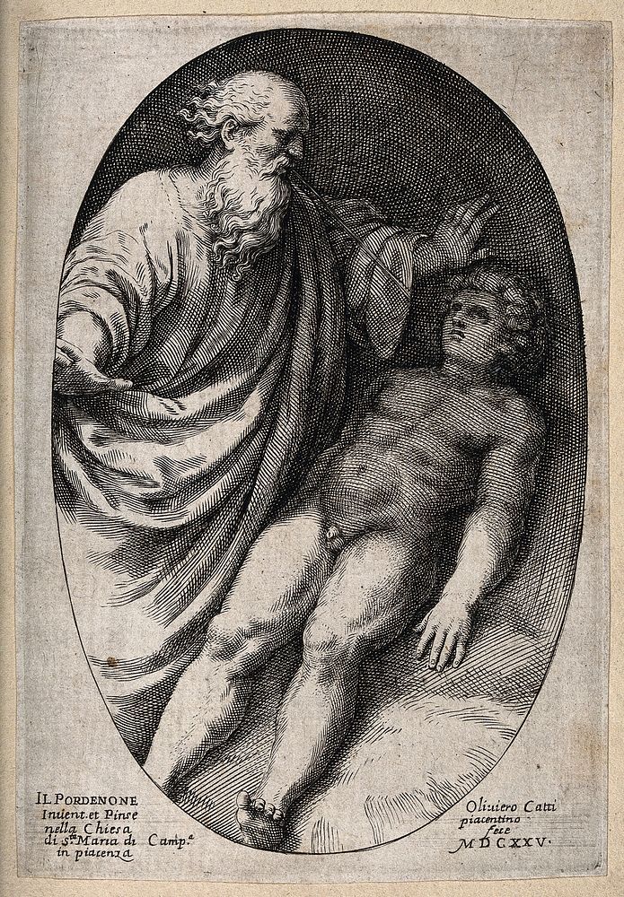 Elijah prays for life to be restored to the widow's son. Line engraving by O. Gatti, 1625, after Il Pordenone.