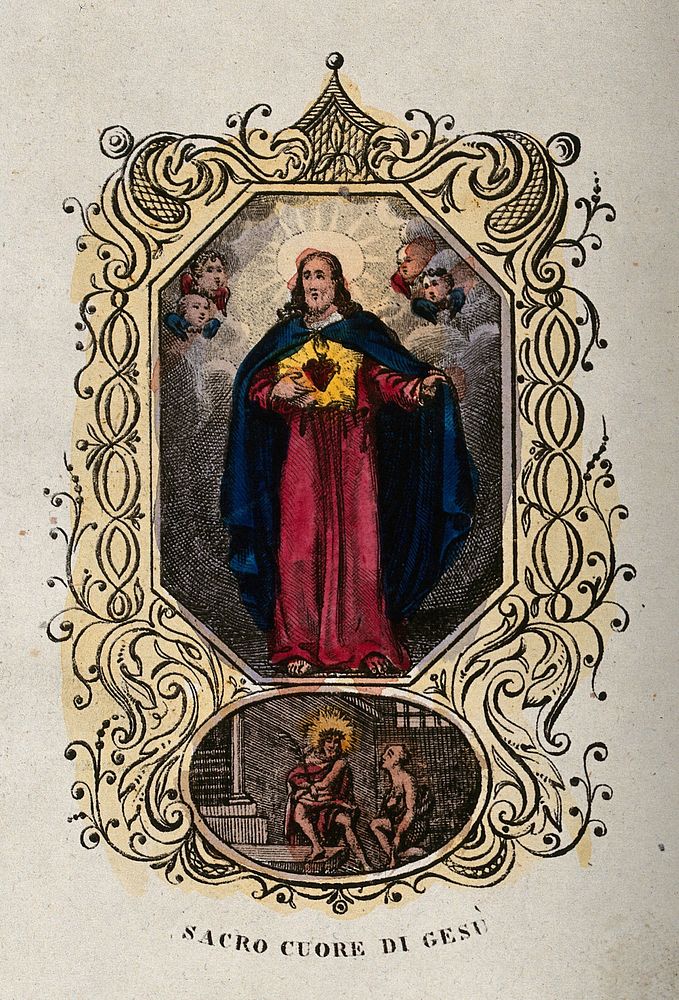 Christ showing his Sacred Heart, underneath an unidentified scene. Colour lithograph.