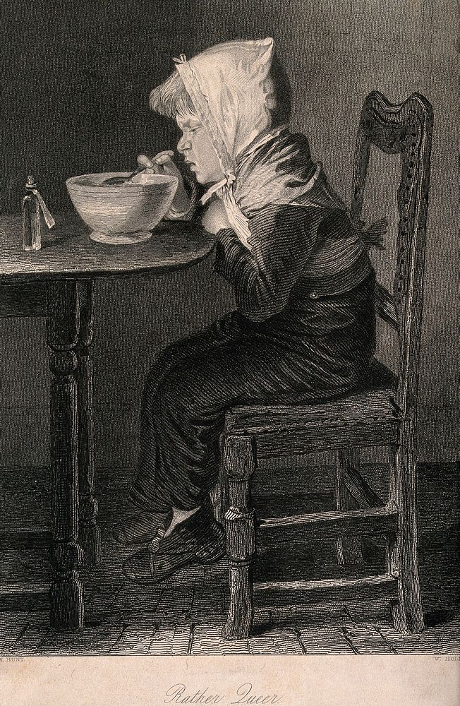 A sick boy pulling a peculiar face after eating some gruel which also contained some medicine. Engraving by W. Holl, the…