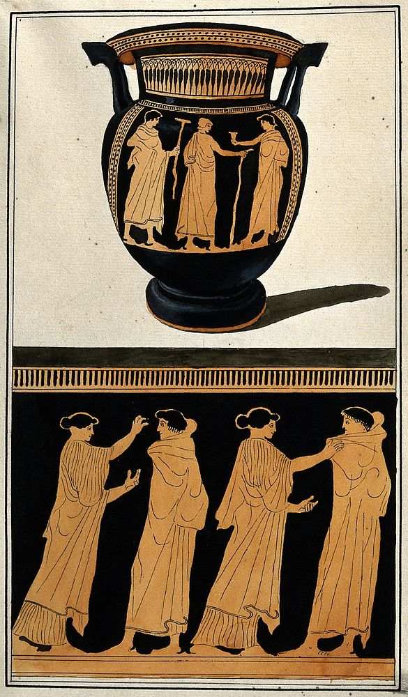 Above, red-figured Greek wine bowl (column krater); below, detail of decoration showing two men and two women. Watercolour…
