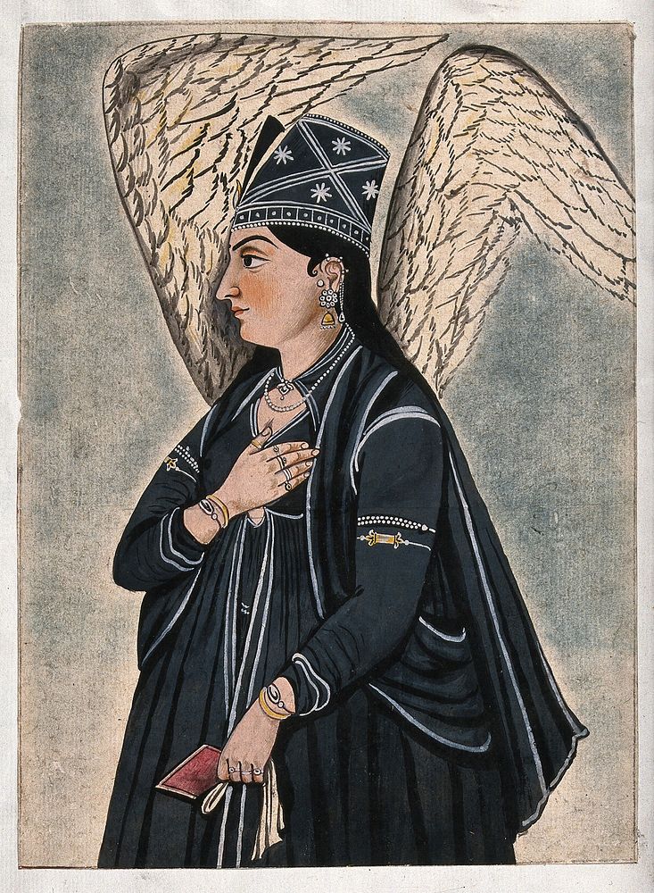 A Mughal style peri (fairy) dressed in black. Gouache painting by an Indian artist.