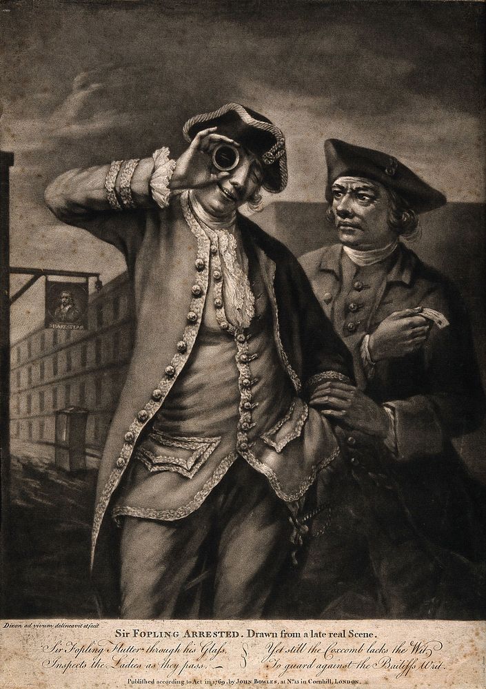 A young man, 'Sir Fopling Flutter' ogles women through a lens while a bailiff serves him a writ. Mezzotint, 1769, by J.…