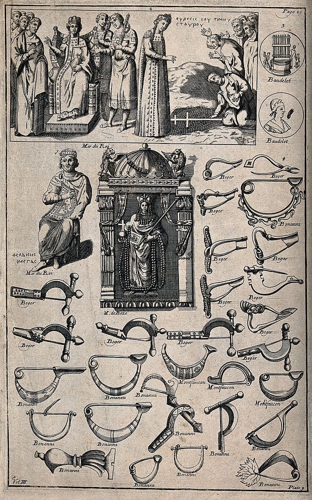 Saint Helena: on her throne (left) and discovering the true Cross (right); types of fibula (below). Engraving.