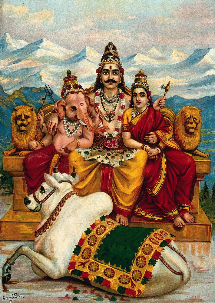 Shiva, Parvati and Ganesha enthroned on Mount Kailas with Nandi the bull. Chromolithograph by R. Varma.