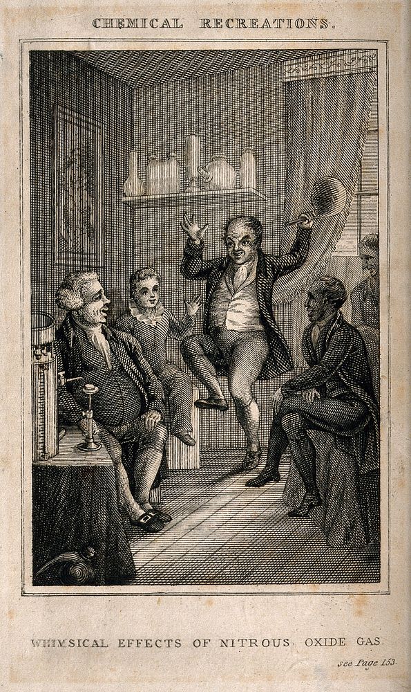 A man dancing and laughing as a result of the effects of nitrous oxide gas. Engraving.