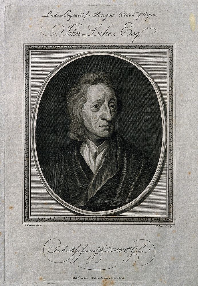 John Locke. Line engraving by J. Goldar after Sir G. Kneller, 1697.