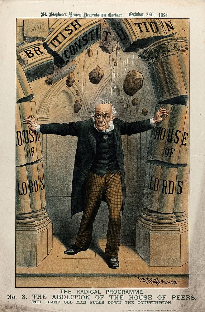 W.E. Gladstone represented as Samson destroying the pillars of the British Constitution by abolition of the House of Lords.…