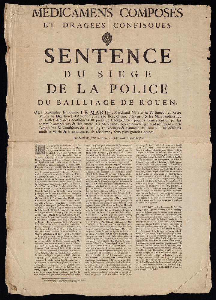 Médicamens composés et dragées confisqués : sentence du siege de la police du baillage de Rouen, qui condamne le nommé Le…
