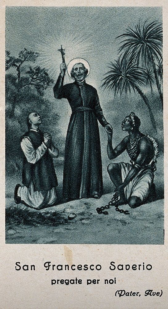 Saint Francis Xavier holding a crucifix; an Asian man and an African man are kneeling beside him. Lithograph, ca. 1900.