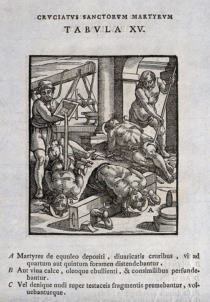 Martyrdom of three male saints by various methods. Woodcut.