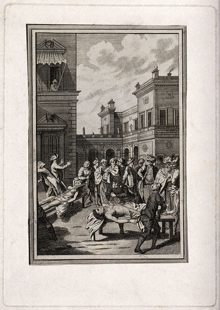 Martyrdom of the sisters of Simeon , by being sawn in four. Etching.