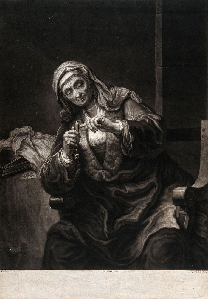 An old woman clipping her finger nails. Mezzotint by J.G. Haid after A. van Dijck , 1764-1767.