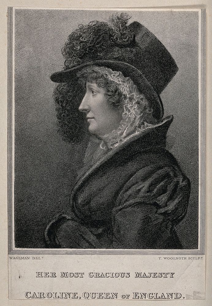Queen Caroline, wife of King George IV, head and shoulders in profile. Stipple print by T. Woolnoth after T. Wageman, 1820.