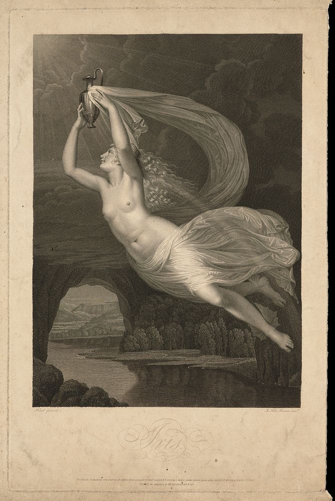 Iris: she caries a vase through which the rays of the sun pass to form the rainbow. Engraving by G. Folo, 1814, after G.…