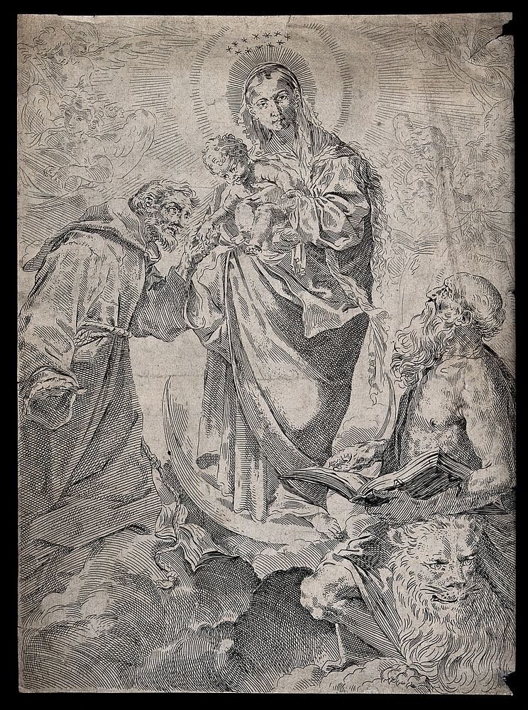 Saint Mary (the Blessed Virgin) with the Christ Child, Saint Jerome and Saint Francis of Assisi and angels. Etching after L.…