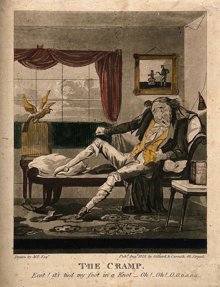 A man suffering from cramp in the leg. Coloured aquatint after M. Egerton, 1828.