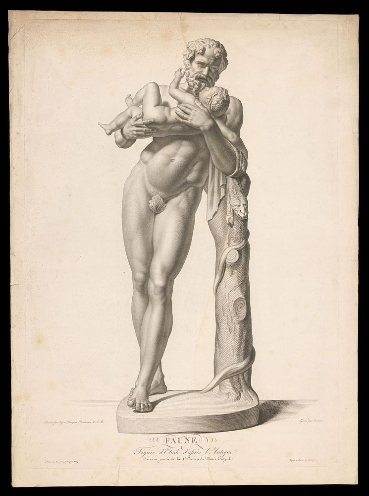 Silenus holding the infant Bacchus. Crayon manner print by J.F. Cazenave after Eugène Bourgeois.