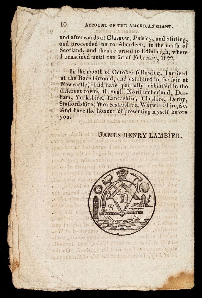 Back page of pamphlet showing a Masonic crest of arms