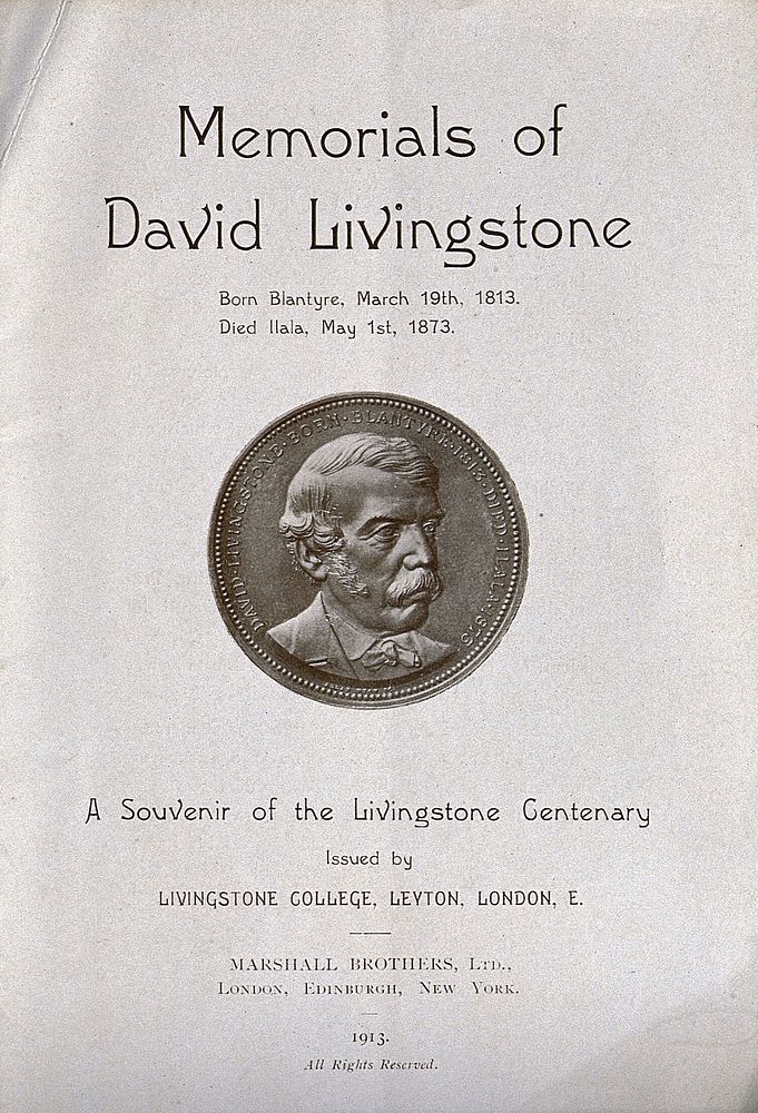 David Livingstone Centenary Medal, issued by the London Missionary Society. Process print and letterpress.