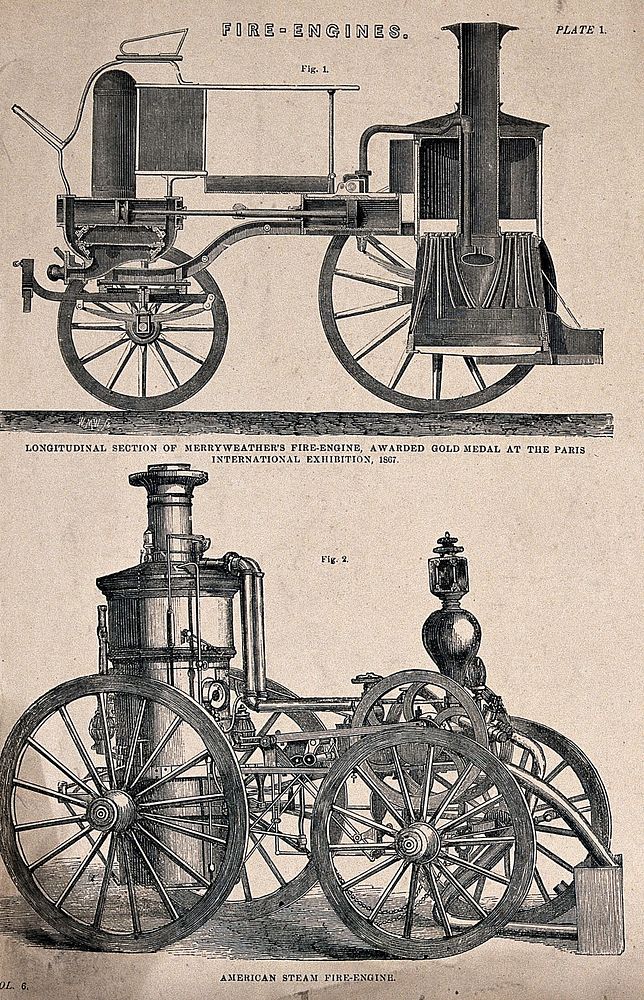 Fire engines. Engraving.