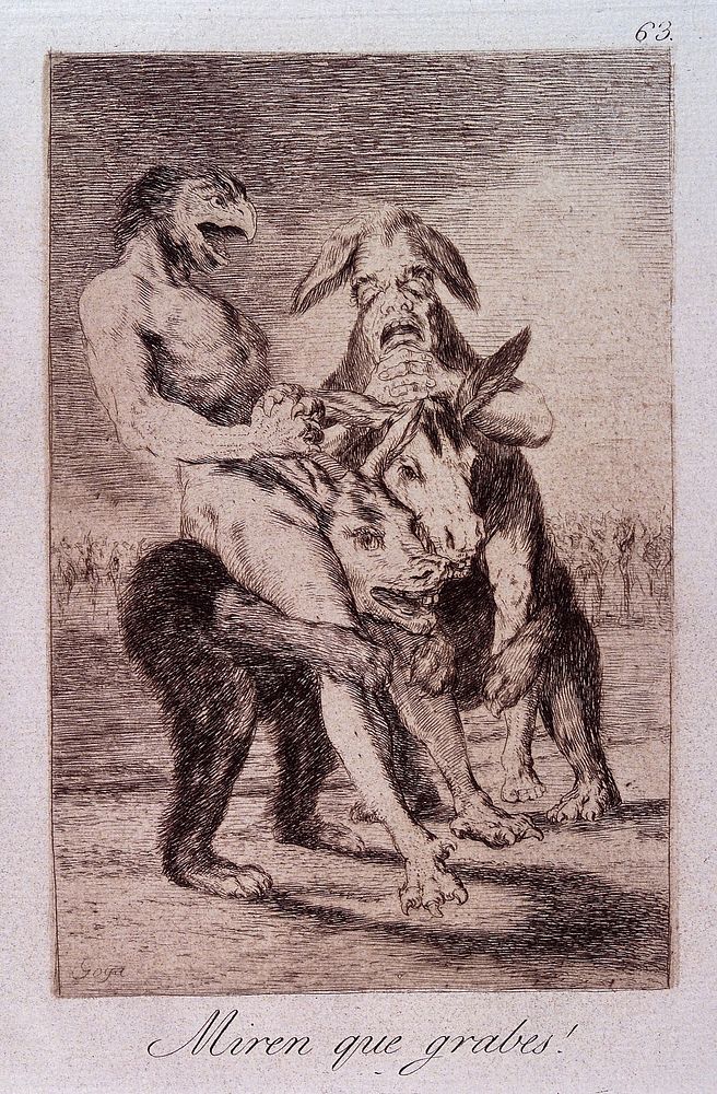 Human figures with the heads of birds and donkeys riding on grotesque beasts. Etching by F. Goya, 1796/1798.