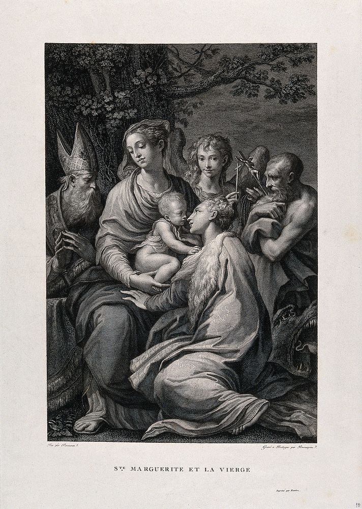 Saint Mary (the Blessed Virgin) with the Christ Child, a bishop saint, an angel, Saint Jerome and Saint Margaret. Engraving…