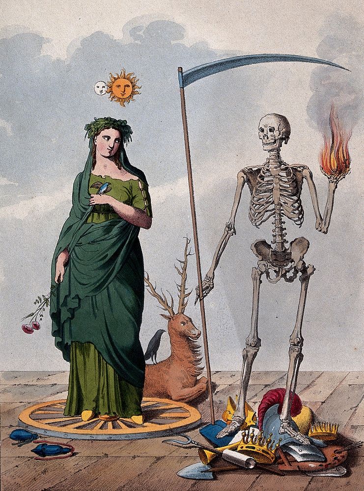 Two allegorical figures: a skeleton holding a scythe and a ball of fire stands next to a female figure. Lithograph.